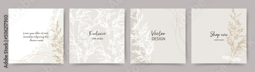 Background with floral sketch grass and texture in neutral pastel colors. Set of banner templates. Editable vector for social media post, card, cover, banner, invitation, poster, mobile apps, web ads