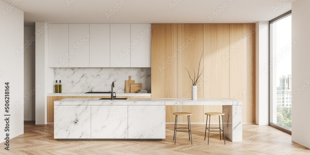 Light kitchen interior with countertop and seats, shelves and kitchenware, window - obrazy, fototapety, plakaty 