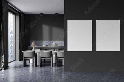 Kitchen interior with dining table and seats, kitchenware and window. Mockup frames