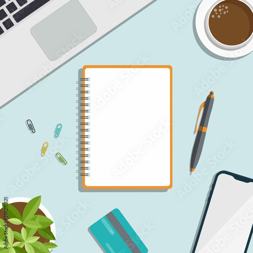 Top down view of a working office desk. Layout vector illustration. Blank notepad for writing on a spiral on a blue background, flat lay.