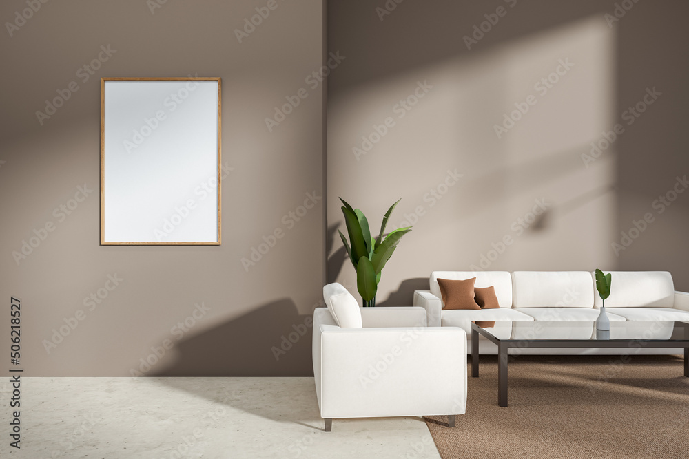 Fototapeta premium Stylish relax interior with sofa and coffee table, mockup frame