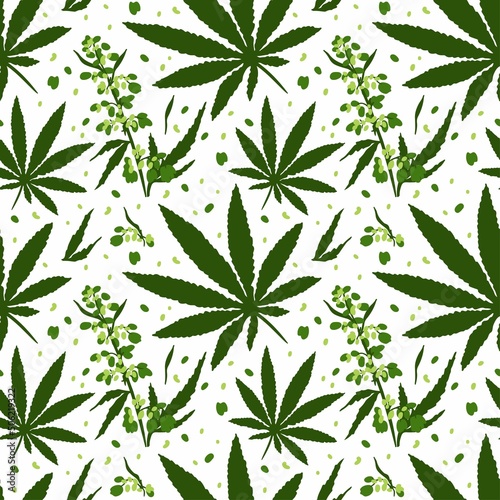 Seamless pattern with elements of cannabis leaves, flowers and seeds on a white background. Cartoon illustration in flat graphic style for backgrounds and textures of fabrics, packaging, wallpapers.