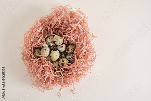 quail eggs on light texture background copy space