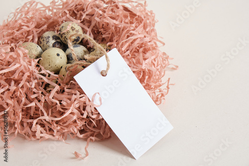 quail eggs on light texture background copy space