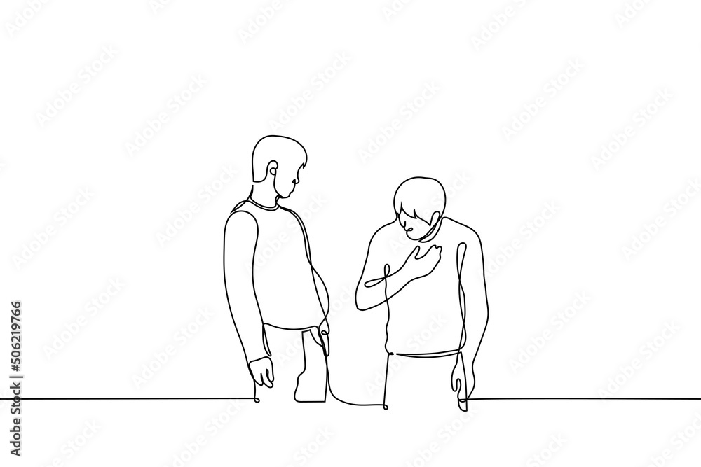 man with a big belly is standing and the second is surprised and looks at his belly - one line drawing vector. concept beer belly, male pregnancy, sudden weight gain in men
