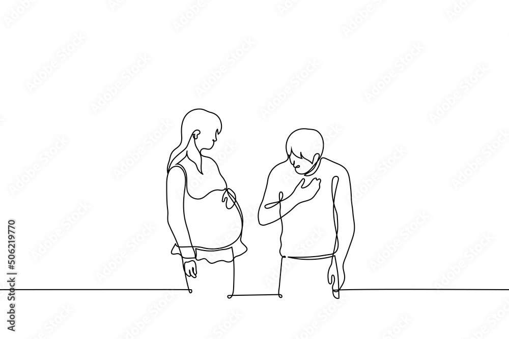 late pregnant woman stands in front of a man leaning over her belly he is surprised - one line drawing vector. concept to surprise an old friend with a pregnancy