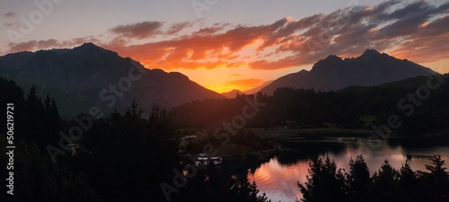 Atardecer en Villa Llao Llao en Bariloche en la emblematica Patagonia.  photo