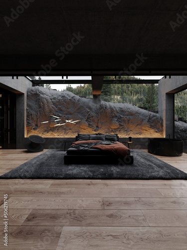 Modern loft bedroom design with skylight  stylish stone wall  soft bed  carpet and wardobe 3d rendering