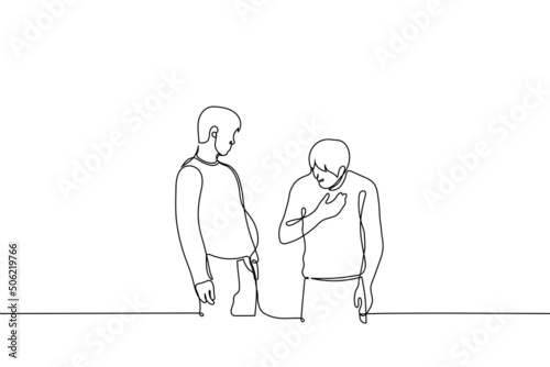 man with a big belly is standing and the second is surprised and looks at his belly - one line drawing vector. concept beer belly, male pregnancy, sudden weight gain in men