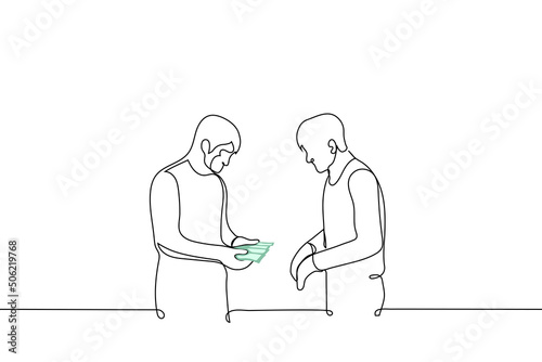 man stands with bills of money spread out in fan and the other looks at it - one line drawing vector. concept of counting money, issuing salary, receiving money, illegal currency exchange, salary