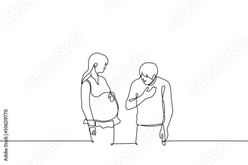 late pregnant woman stands in front of a man leaning over her belly he is surprised - one line drawing vector. concept to surprise an old friend with a pregnancy