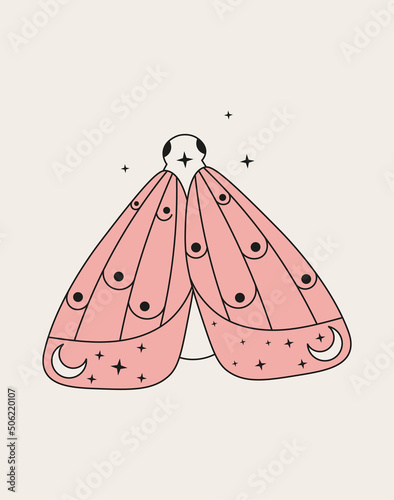 Hand drawn butterfly with moon. Vector illustration for tattoo design, logo or print isolated on white background