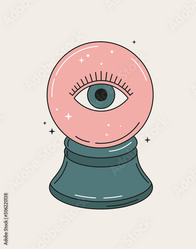 Magic crystal ball of the future with an eye inside. Witch and magic symbol, monochrome vector illustration, isolated on white background
