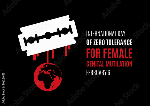 International Day of Zero Tolerance to Female Genital Mutilation vector. Razor blade with blood vector. Bleeding Planet Earth silhouette vector. Stop violence against women. February 6. Important day