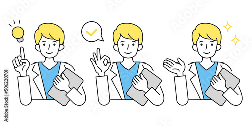 男性の医者のイラスト. 提案やアドバイスや説明をする. ジェスチャー. 白衣. 笑顔.