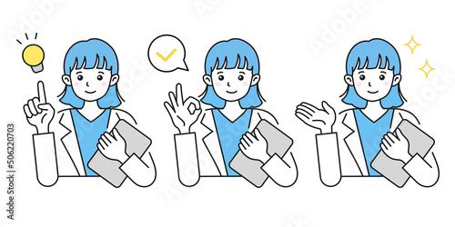 女性の医者のイラスト. 提案やアドバイスや説明をする. ジェスチャー. 白衣. 笑顔.