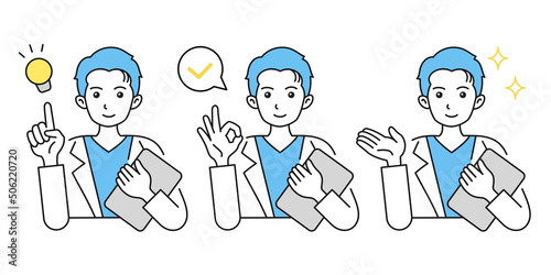男性の医者のイラスト. 提案やアドバイスや説明をする. ジェスチャー. 白衣. 笑顔.Web