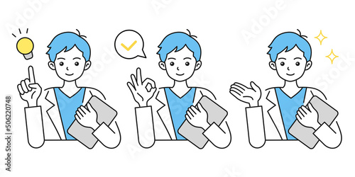 男性の医者のイラスト. 提案やアドバイスや説明をする. ジェスチャー. 白衣. 笑顔.