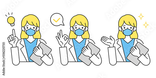 マスクを着けた女性の医者のイラスト. 提案やアドバイスや説明をする. ジェスチャー. 白衣.