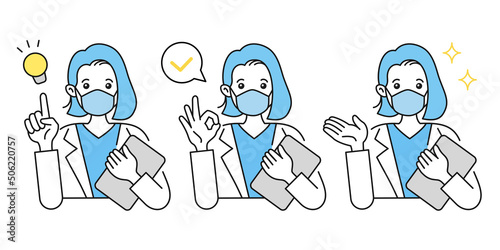 マスクを着けた女性の医者のイラスト. 提案やアドバイスや説明をする. ジェスチャー. 白衣.