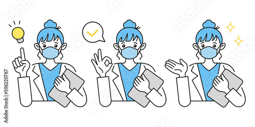 マスクを着けた女性の医者のイラスト. 提案やアドバイスや説明をする. ジェスチャー. 白衣.