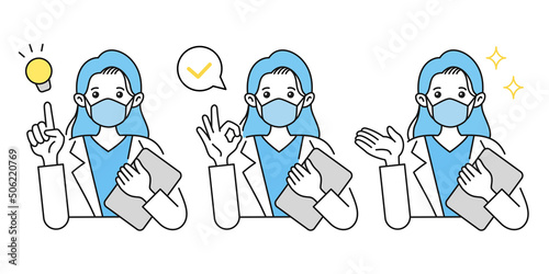 マスクを着けた女性の医者のイラスト. 提案やアドバイスや説明をする. ジェスチャー. 白衣.