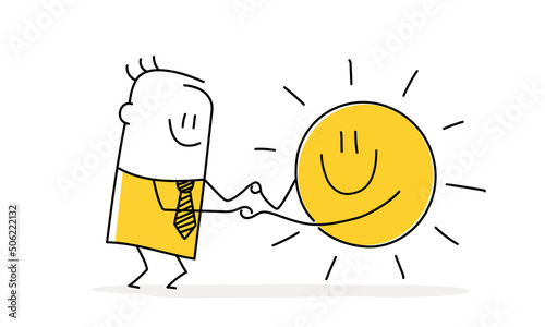 Funny stickman and sun hold each other's hands.