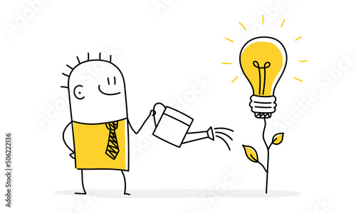 Stick figure, businessman is watering a growing bright light bulb plant.