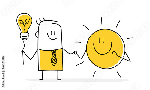Stickman with bulb holding the hand of the sun.