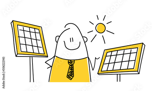 Stick figure, businessman show solar panels.
