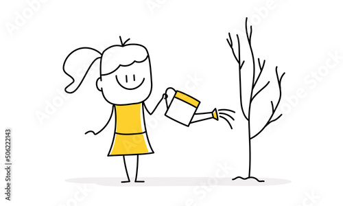 Stick figure, woman is watering young tree.