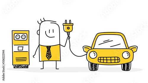 Stickman charging his electric car at the charging station.