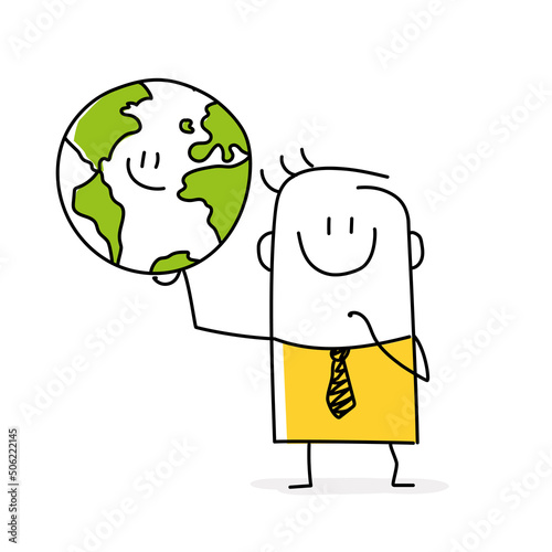 Stickman holding a globe with one hand.