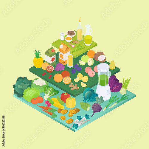 Food pyramid, different food groups, vegetables, grains, dairy products, and meats. Isometric vector illustration in flat design. Vegan, raw diet, nutritional, infographic. Chart, graph, diagram.