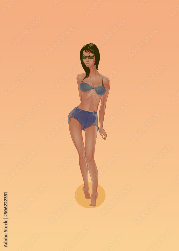 cartoon girl in jeans shorts.