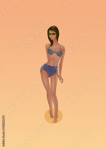 cartoon girl in jeans shorts.