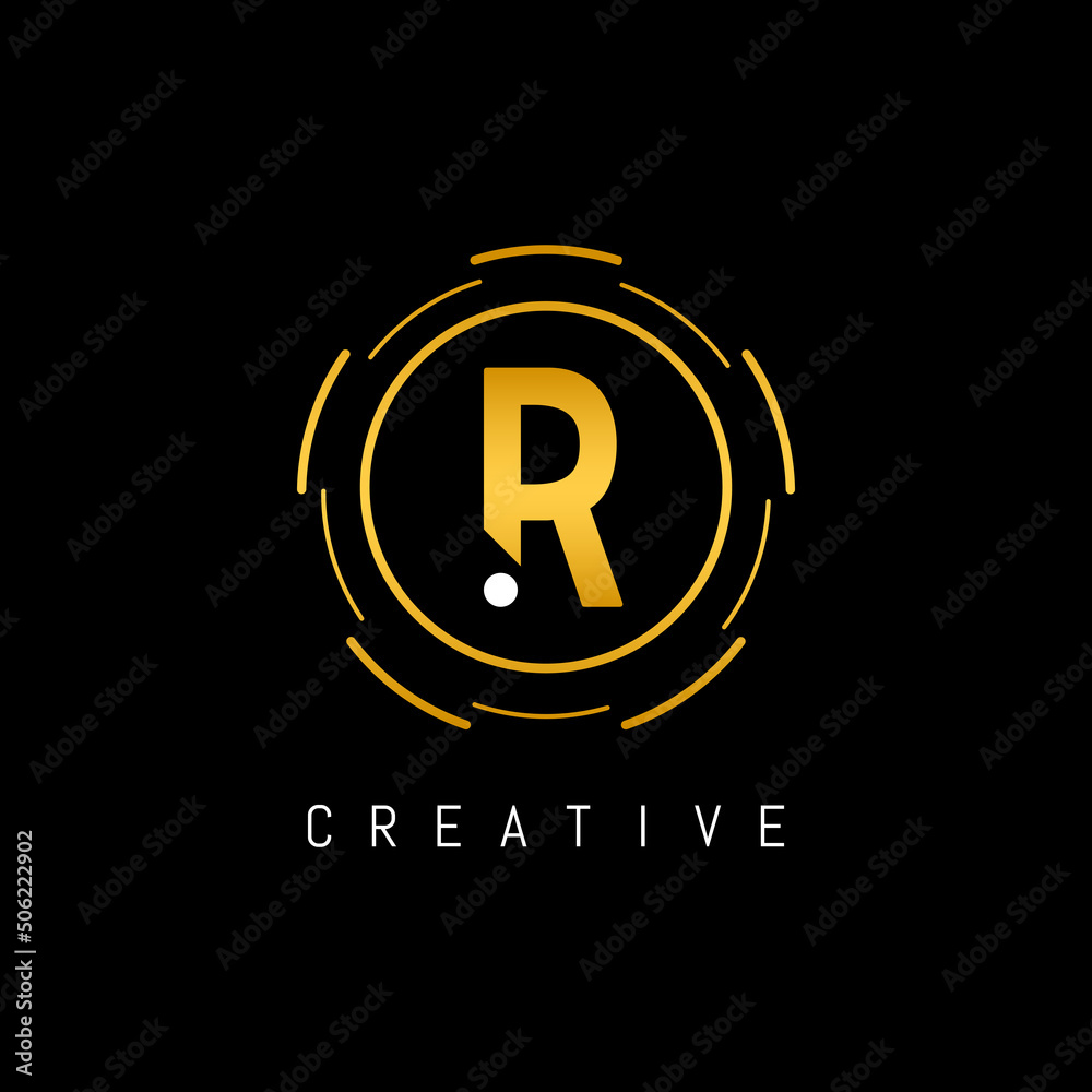 Golden Initial Letter R Logo Design with Circle Element. Linked Typography R Dot Letter Logo Design. Golden Initial Letter R Logo Design with Circle Element. Linked Typography R Dot Letter Logo Design.