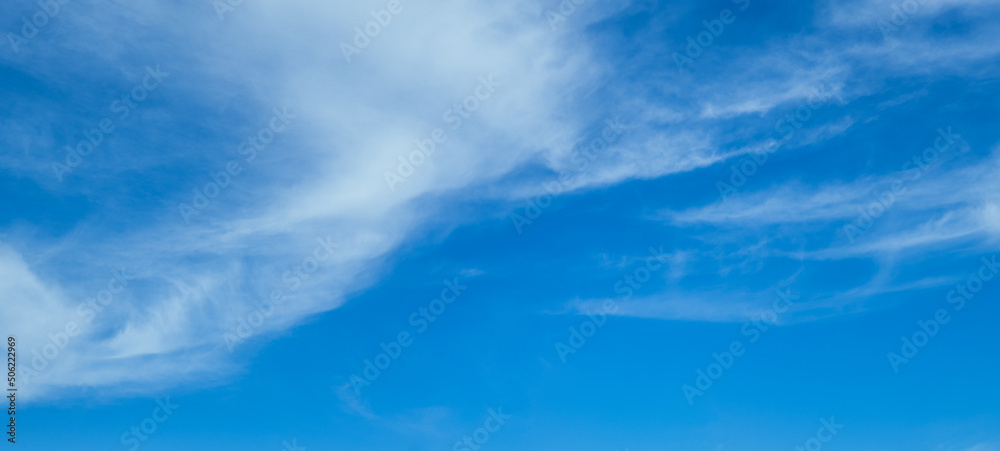 Blue sky with clouds, wide cloudscape background panorama