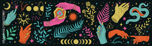 Collection of abstract mystical female hands with flowers, drawn in cartoon style, touching, divination with palms. Vintage vector stickers