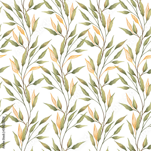 Fototapeta Naklejka Na Ścianę i Meble -  Seamless floral pattern. Green and gold laves and branches on white background