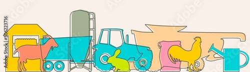Overlayed outline icons of well, harvester, tractor and farm animals. Ecologically clean area. Village in the summer. Thin line style illustration or background for eco products, banner.