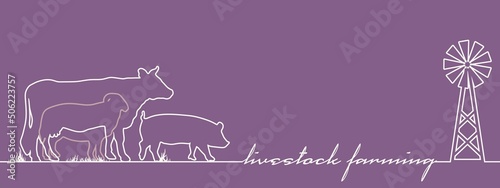 Overlayed outline icons of ram, cow and pig. Ecologically clean area. Village in the summer. Thin line style illustration or background for eco products. Banner with livestock farming text.