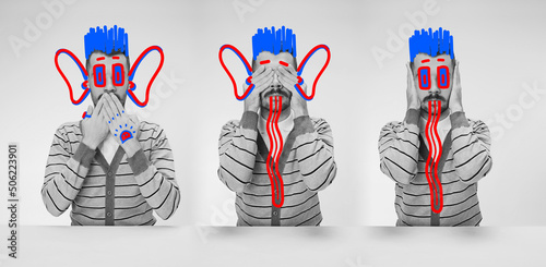 Creative triptych. Contemporary artwork. Young strange man with bright red and blue drawings. Digital vandalism. Concept of art, creation, aspiration, humor, caricature.