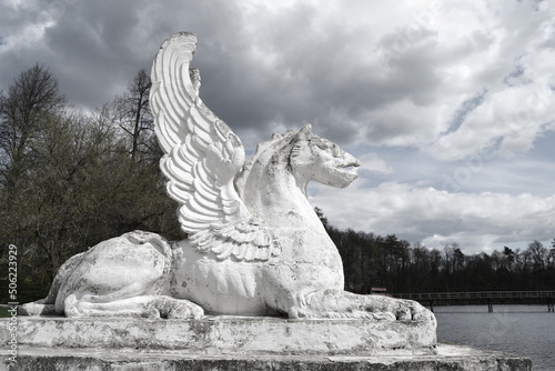 Black and white photo of the Gryphon sculpture in Marfino  photo