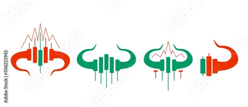 Candlestick trading emblems set. Exchange broker emblem. Bull horns and candles