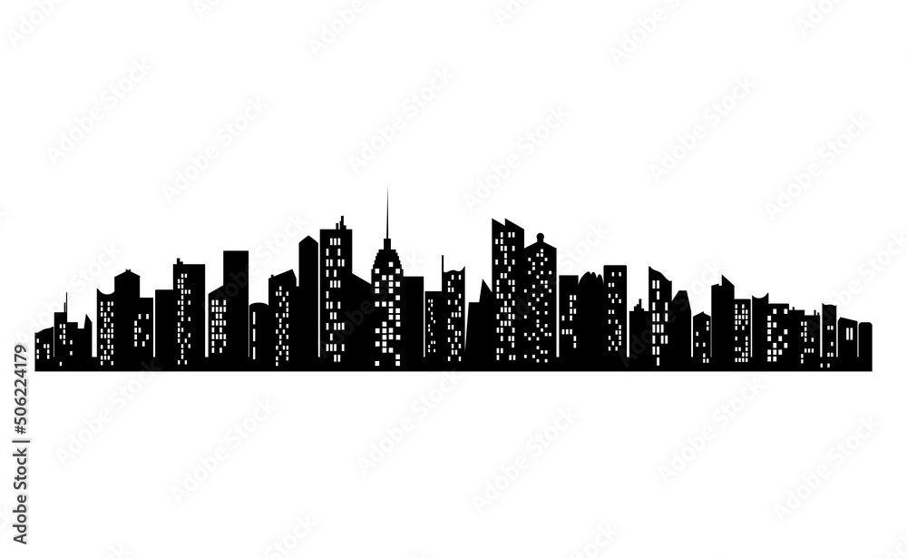 Black city silhouette with window. Horizontal skyline in flat style. Cityscape, urban panorama of night town. Jpeg illustration