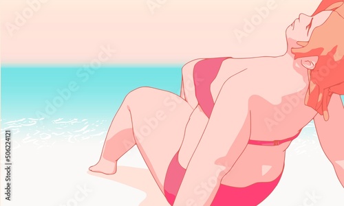 Beautiful plus size woman wearing underwear or swimsuit. Body positive concept. Attractive overweight girl relaxing on beach in summer. For Fat acceptance movement.