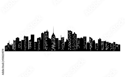 Black city silhouette with window. Horizontal skyline in flat style. Cityscape  urban panorama of night town. Jpeg illustration