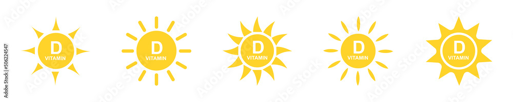 Set of icon with yellow vitamin D on white background. Sun and vitamin D. Vector 10 EPS.
