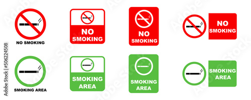 No smoking and smoking area signs vector set. Signboard for smoker. Red and green attention labels. photo